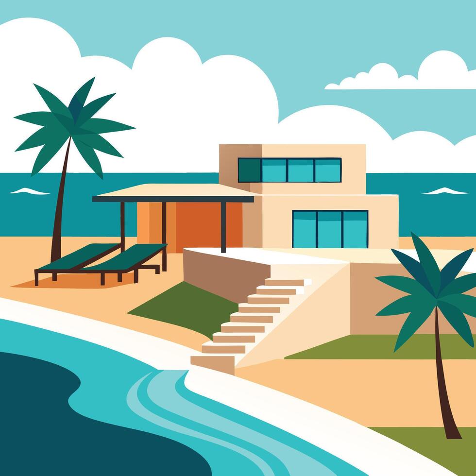 Tropical beach house with palm trees and water vector
