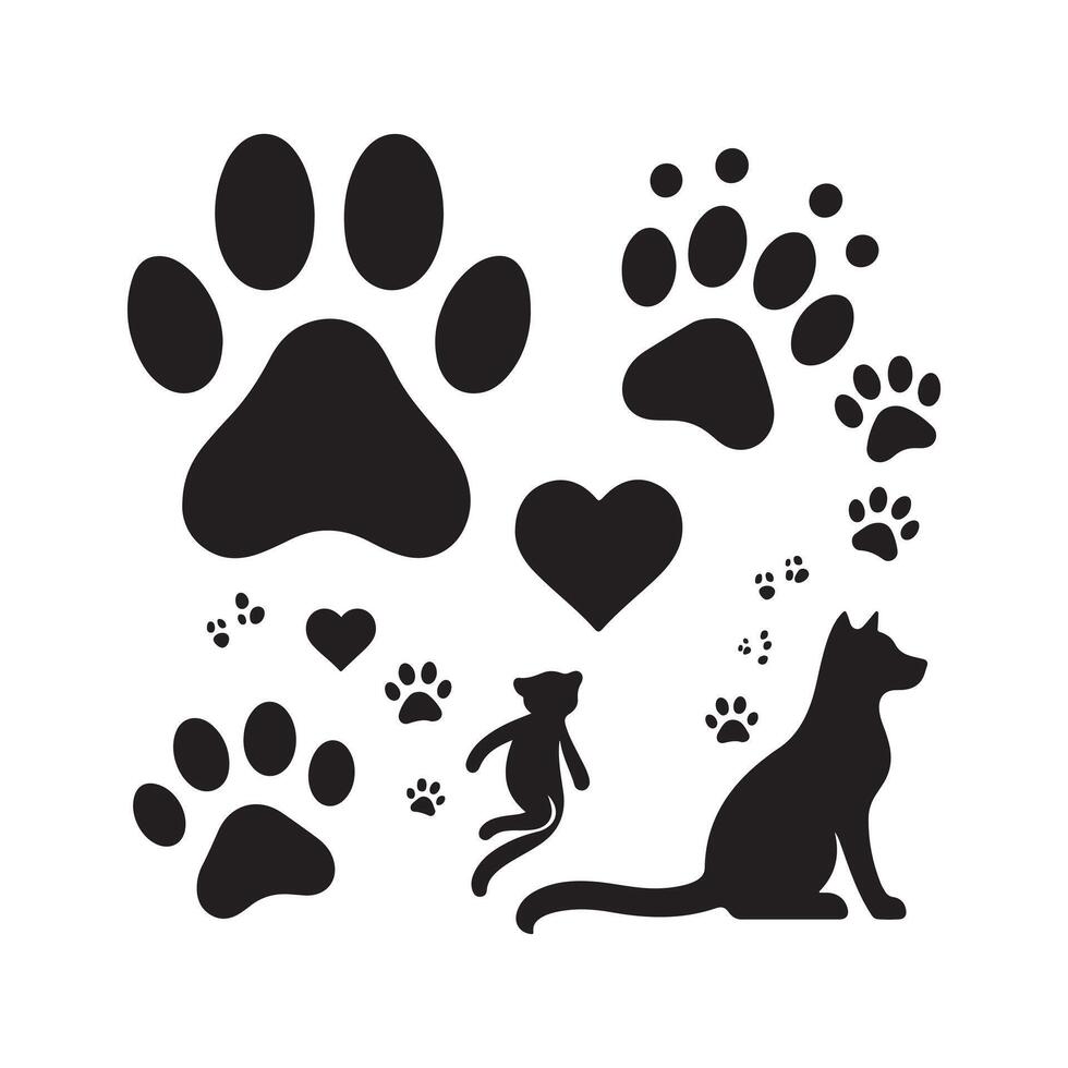 A black and white image of paw prints and hearts design on a white background vector