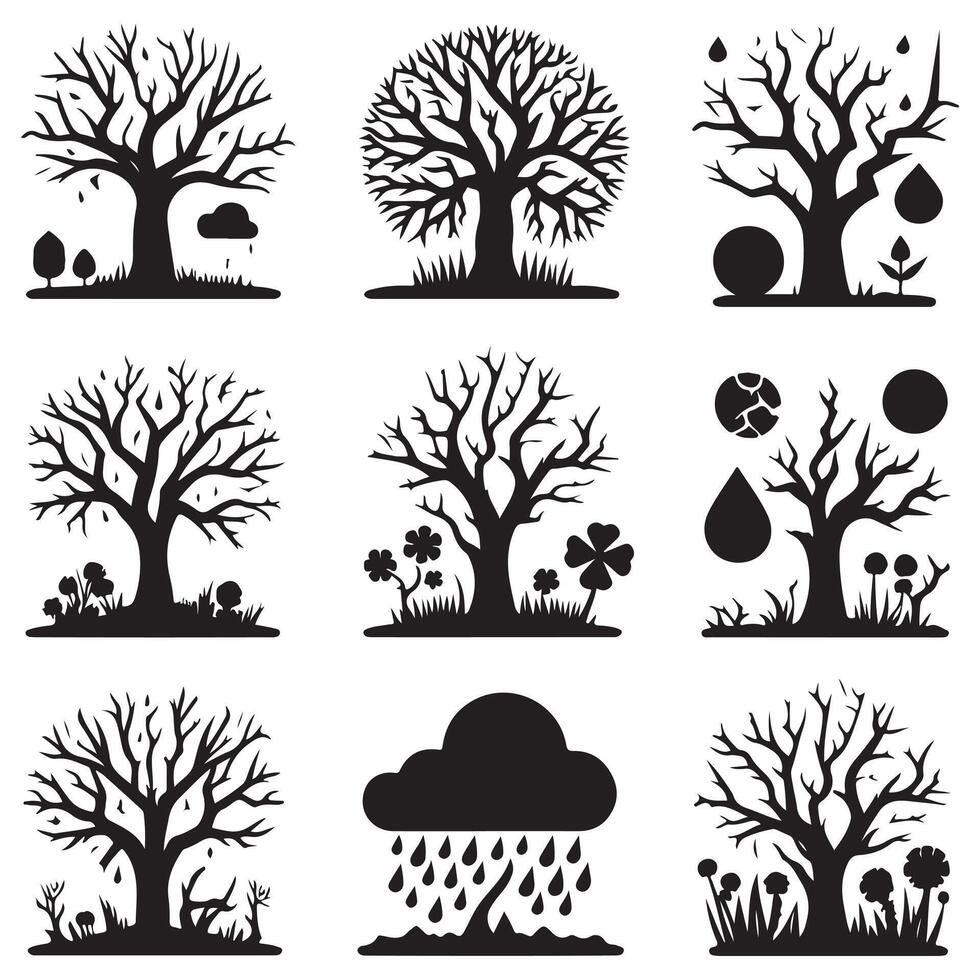 Creative set of black silhouettes of trees and plants design on a white background vector