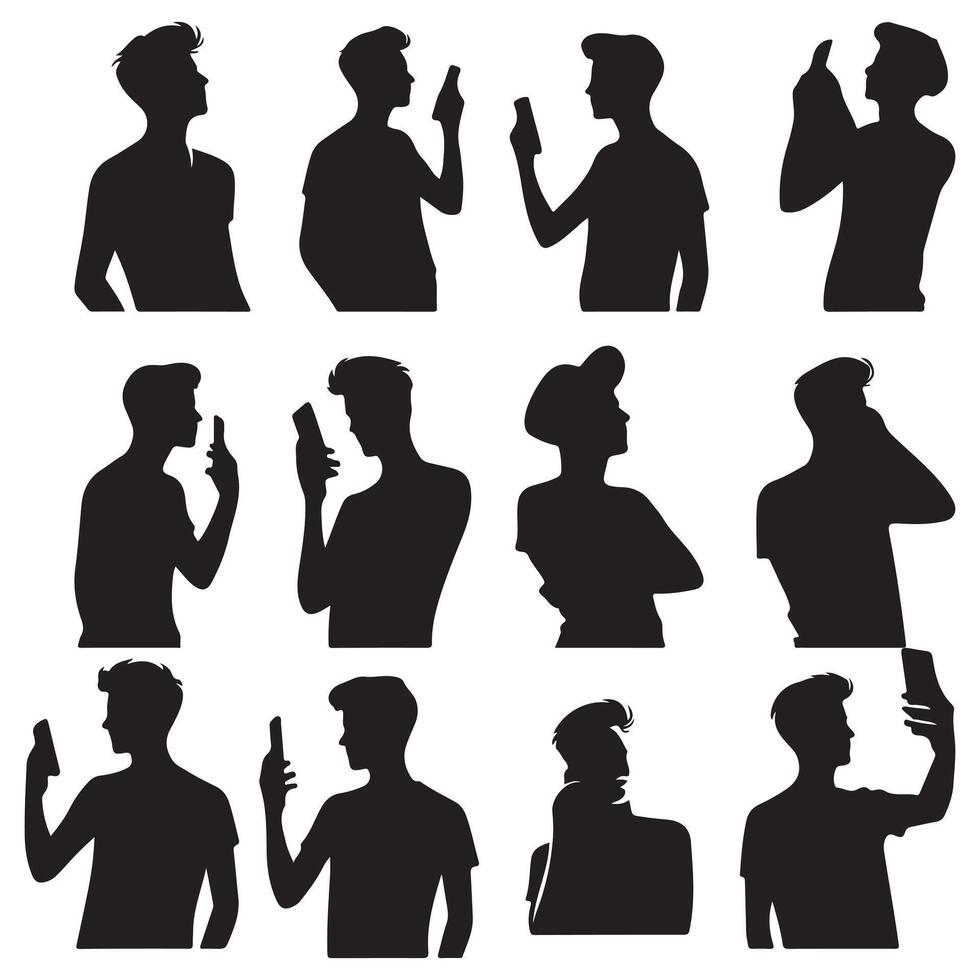 Creative collection of silhouettes of men with cell phones design on a white background vector