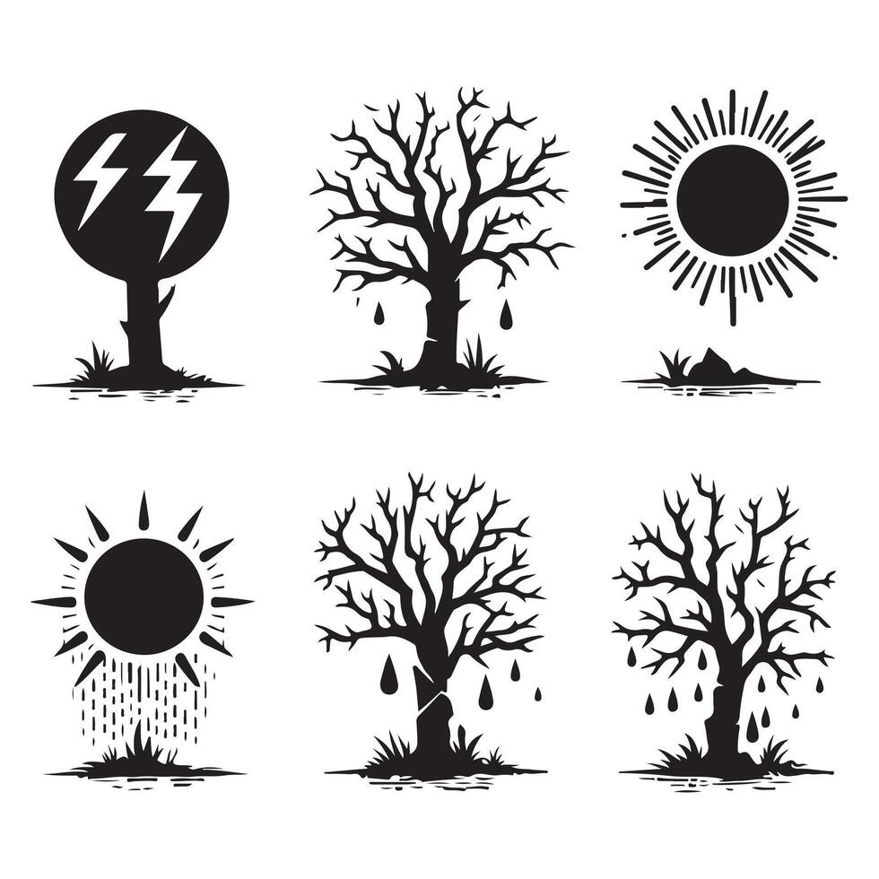 Six different types of trees and sun with lightning vector