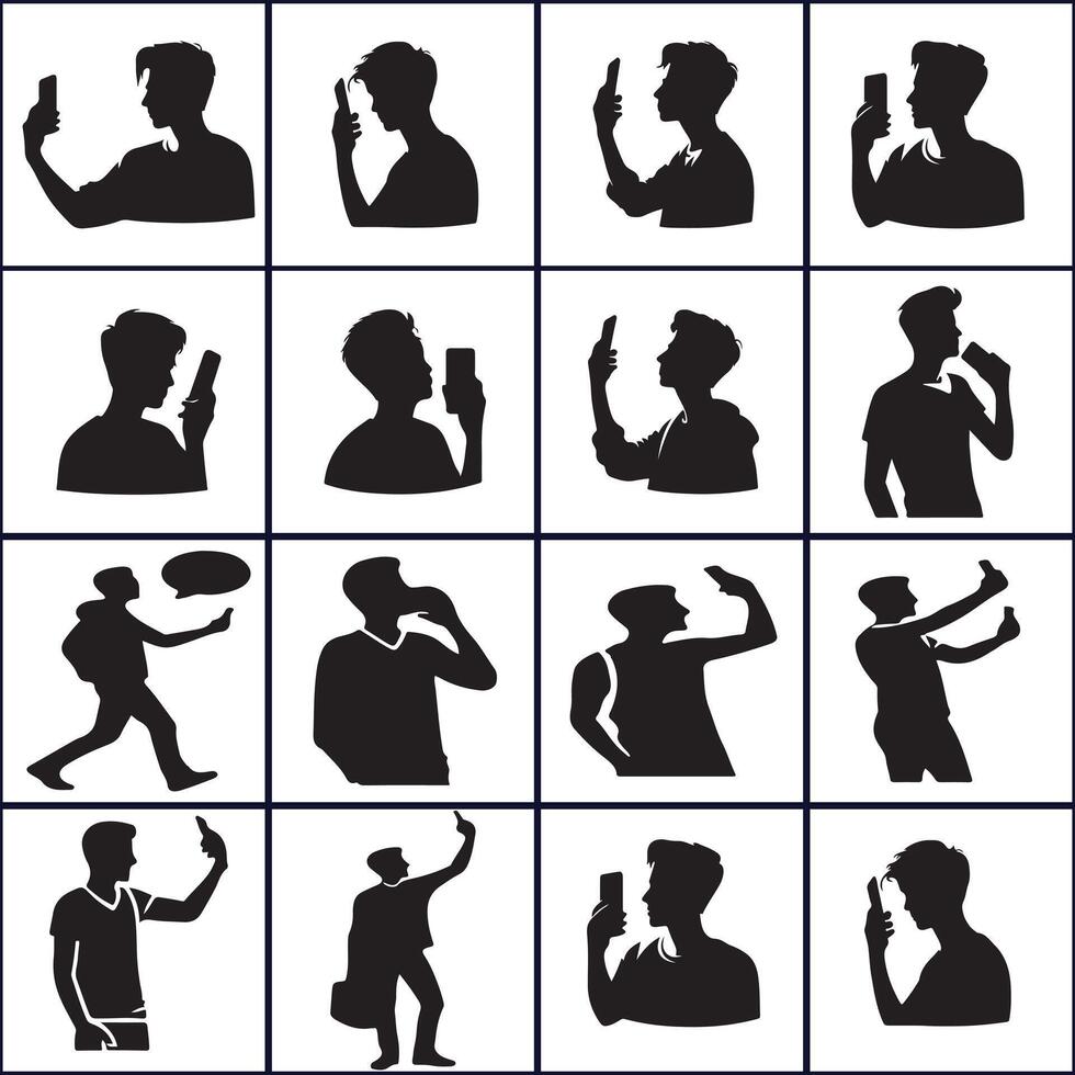 A collection of silhouettes of people using cell phones design on a white background vector
