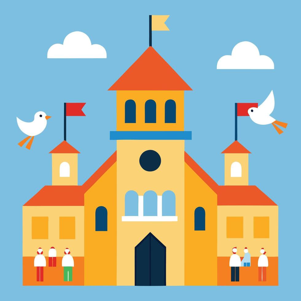 A cartoon illustration of a church with people and birds vector