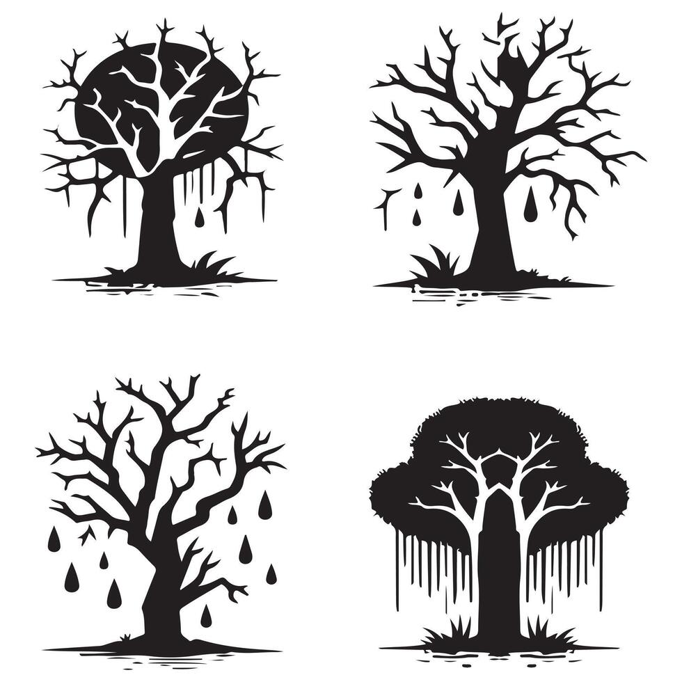 Four different trees with dripping water and leaves design on a white background vector
