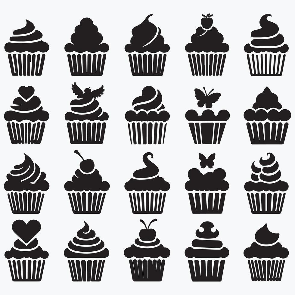 silhouette cupcakes icons set design on a white background vector