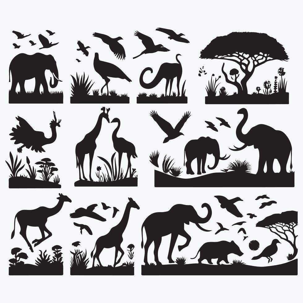 set of silhouettes of animals in Africa design on a white background vector