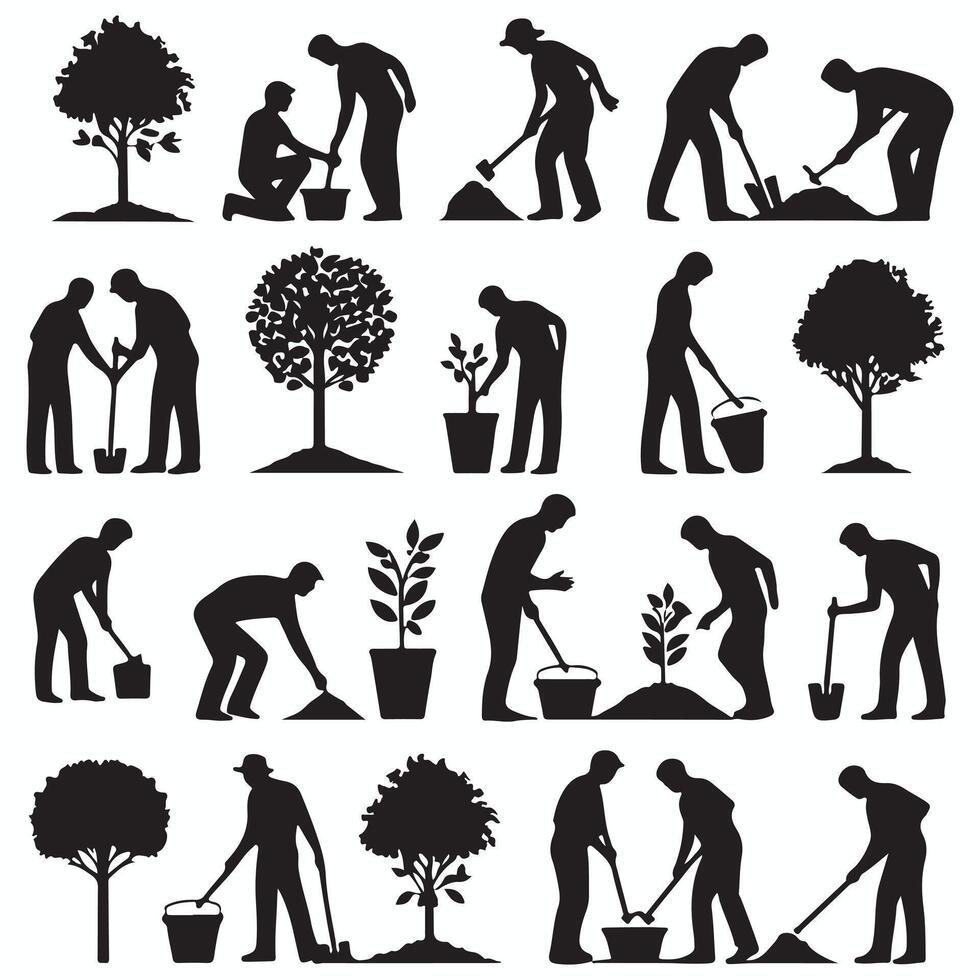 Set a silhouettes of people working in the garden design on a white background vector