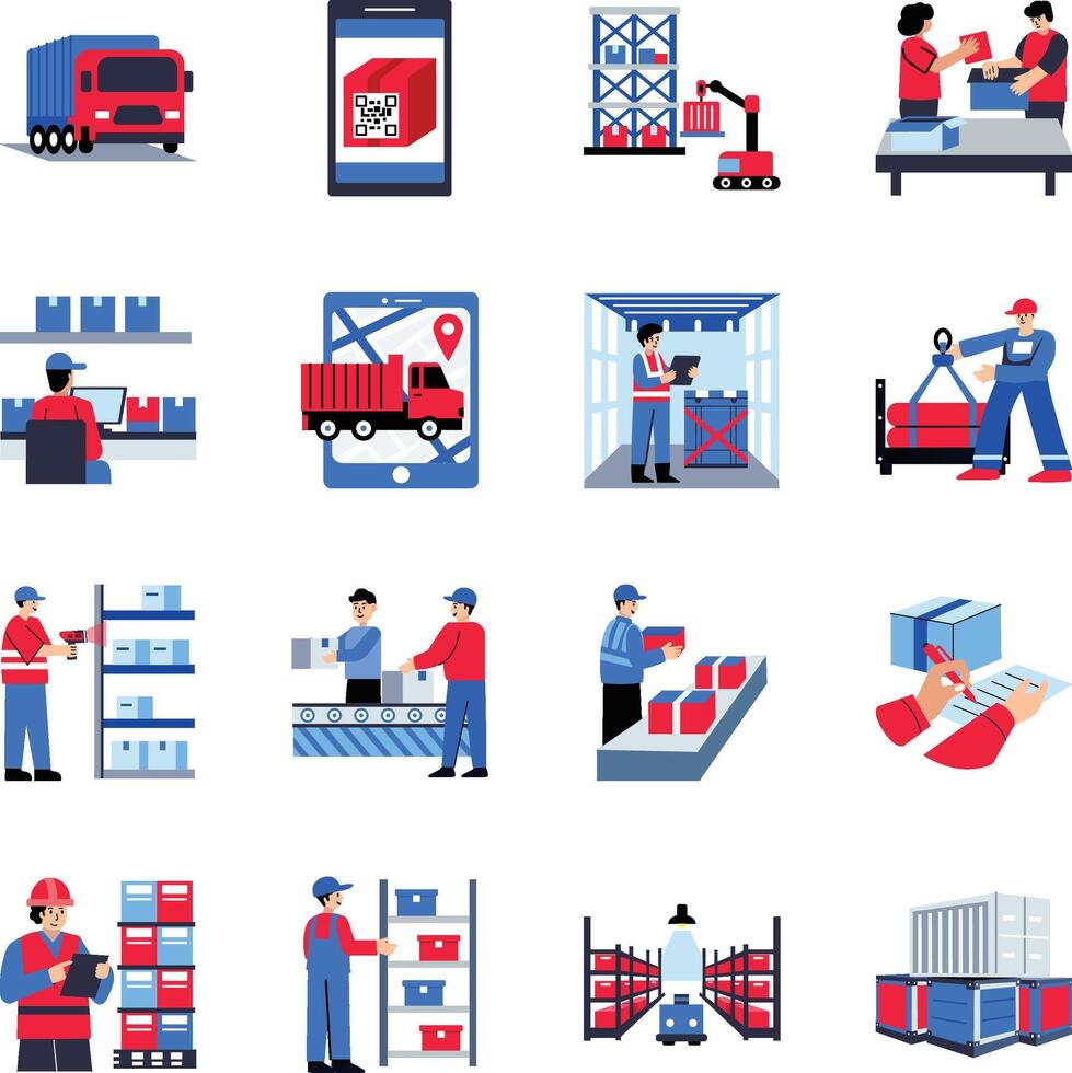 Collection of Flat Style Warehouse and Delivery Icons vector