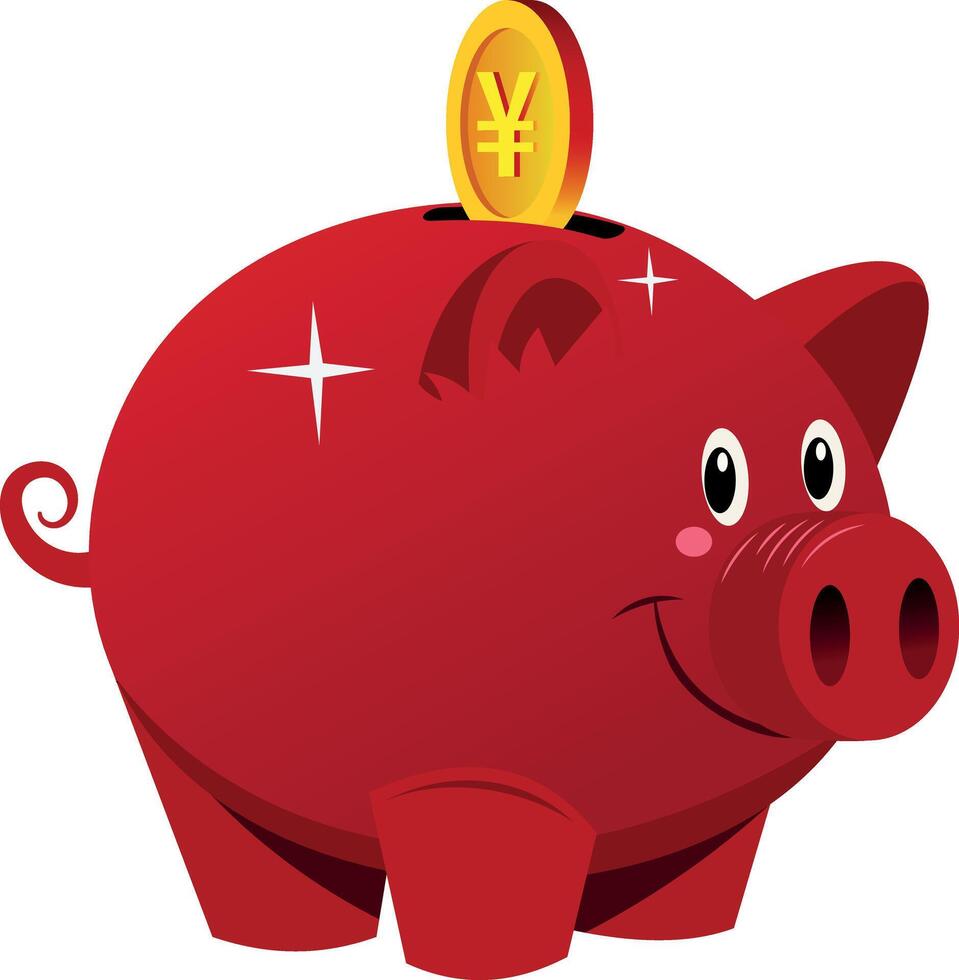 Smiling piggy bank with a chinese coin, flat style illustration vector