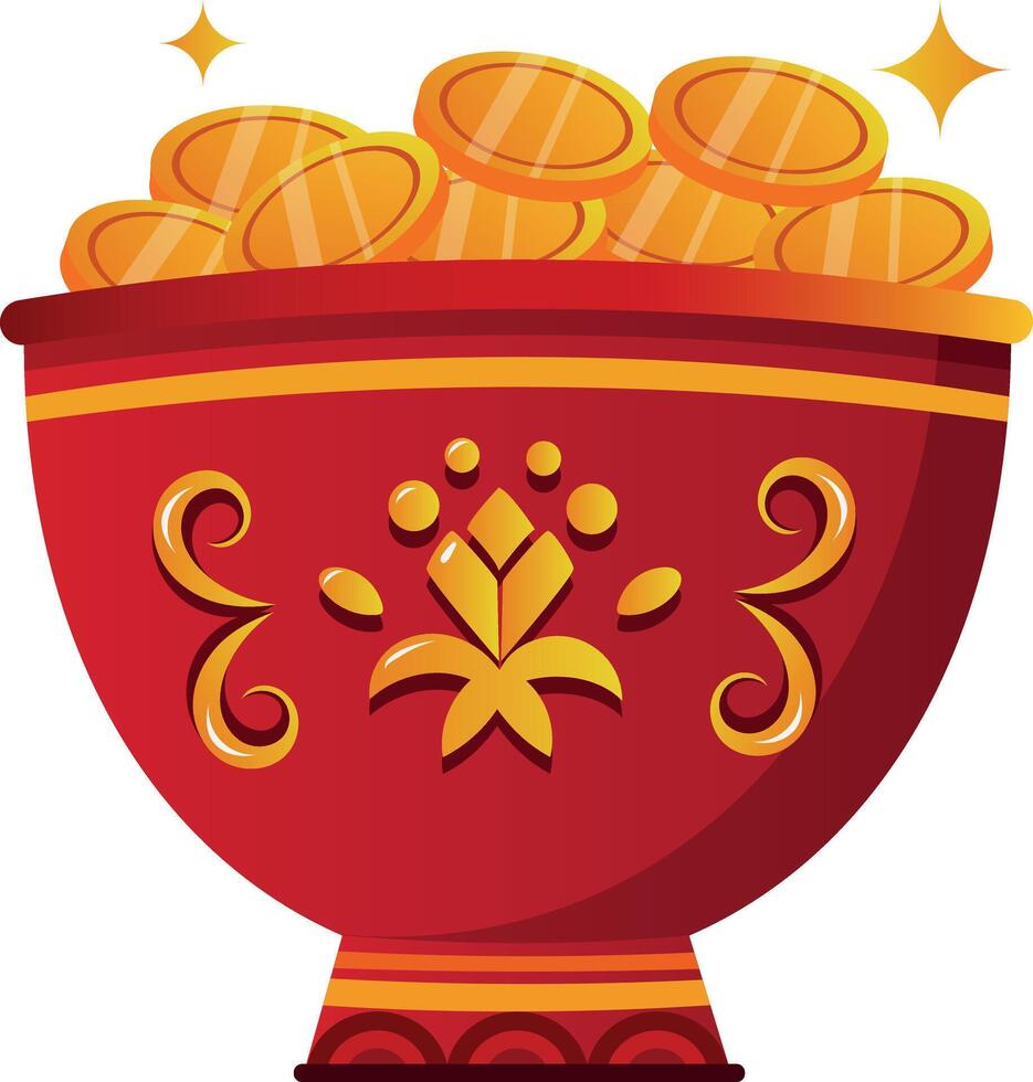 Chinese money bowl filled with gold coins, flat illustration vector