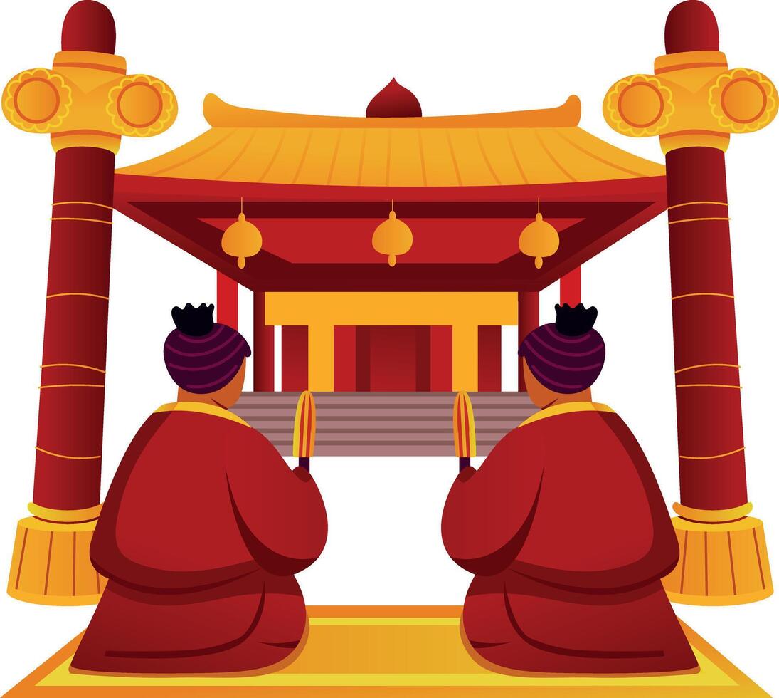 People praying at a chinese temple, flat illustration vector