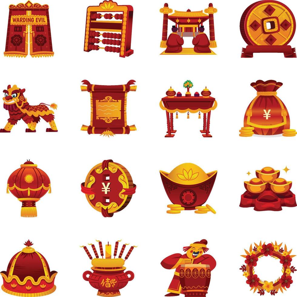 Set of 16 Chinese New Year Flat Illustrations vector