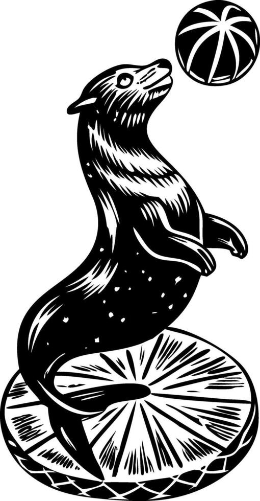Seal balancing ball on nose, vintage illustration vector