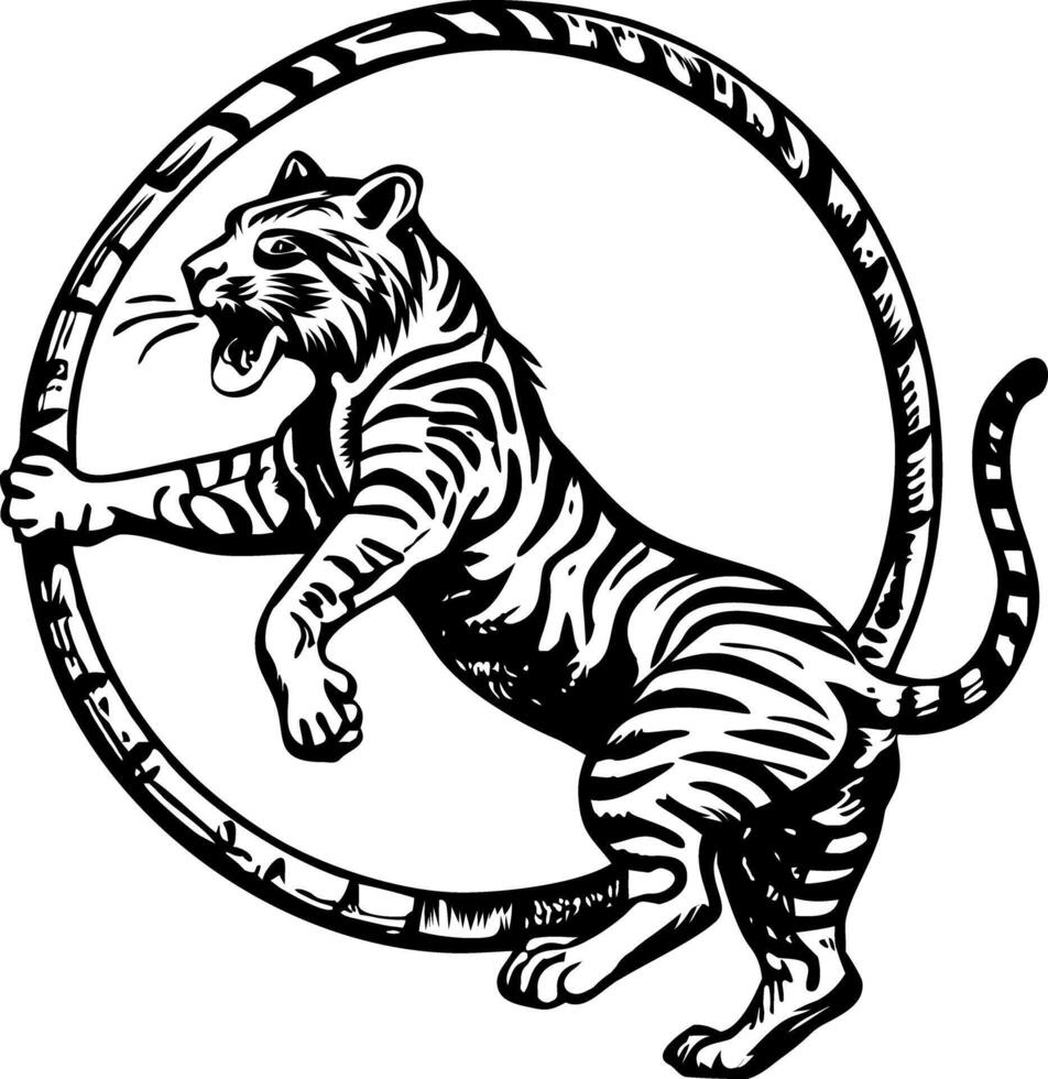 Circus tiger jumping through ring, vintage illustration vector