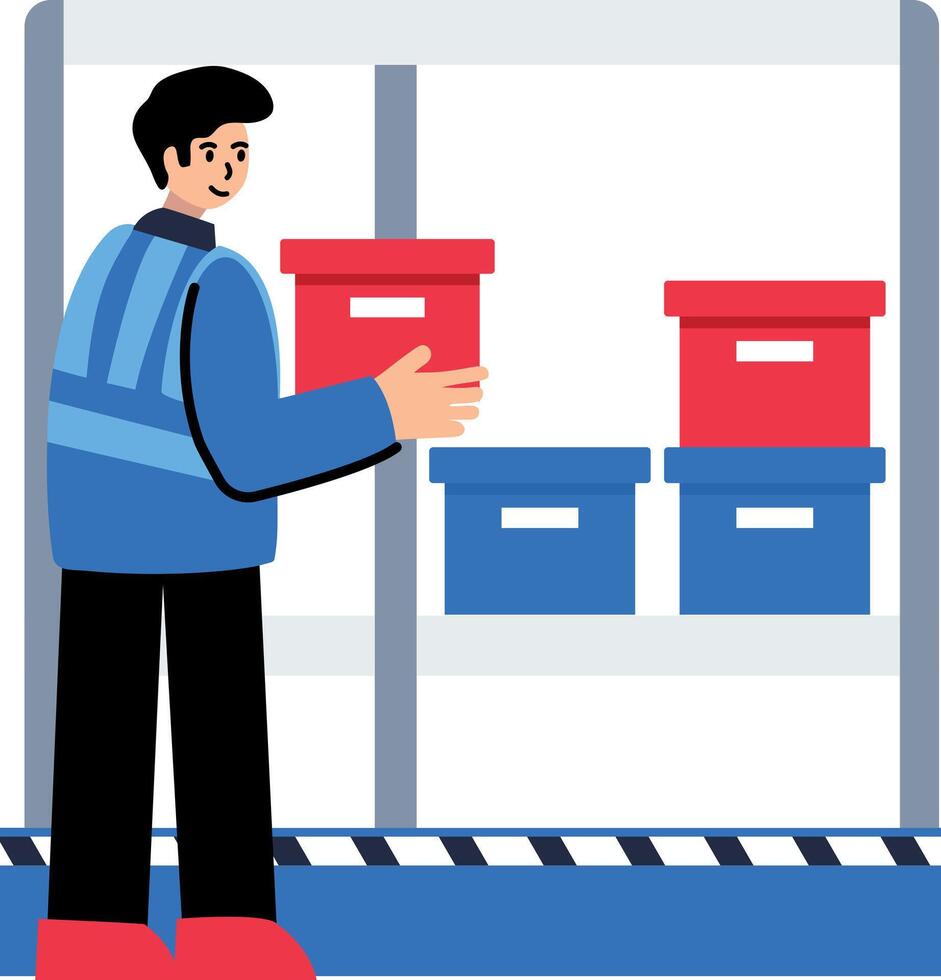 Warehouse worker organizing packages, flat style icon vector