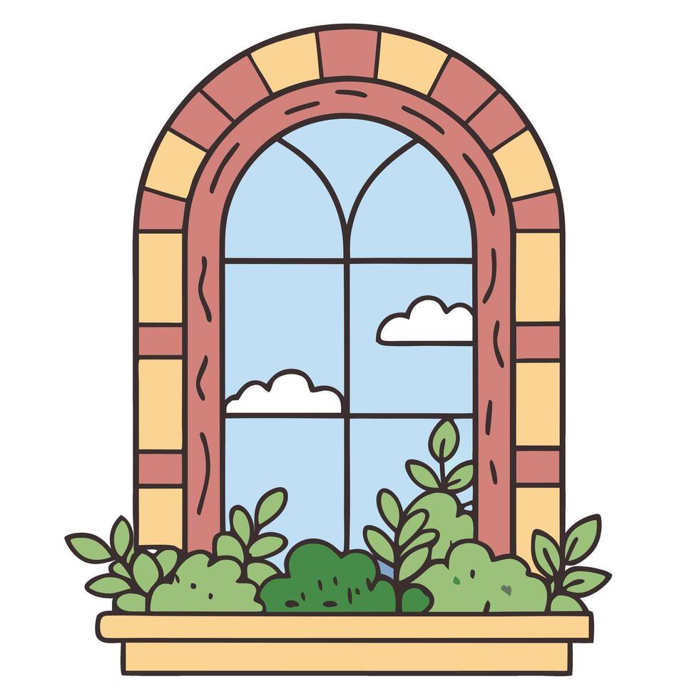 Arched window with potted green plants and cloudy sky view illustration vector