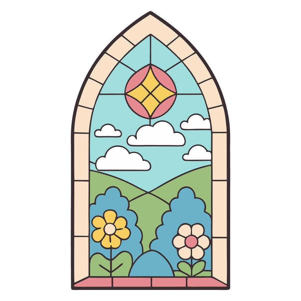 stained glass window with floral and landscape design, colorful art with flowers, hills, and clouds vector