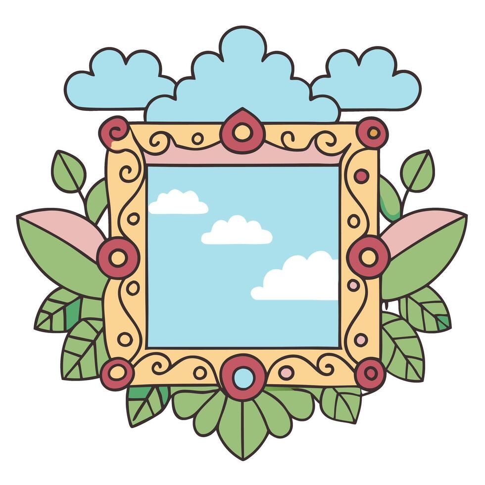 Framed clouds illustration whimsical nature design with framed sky, pink flowers, green leaves vector
