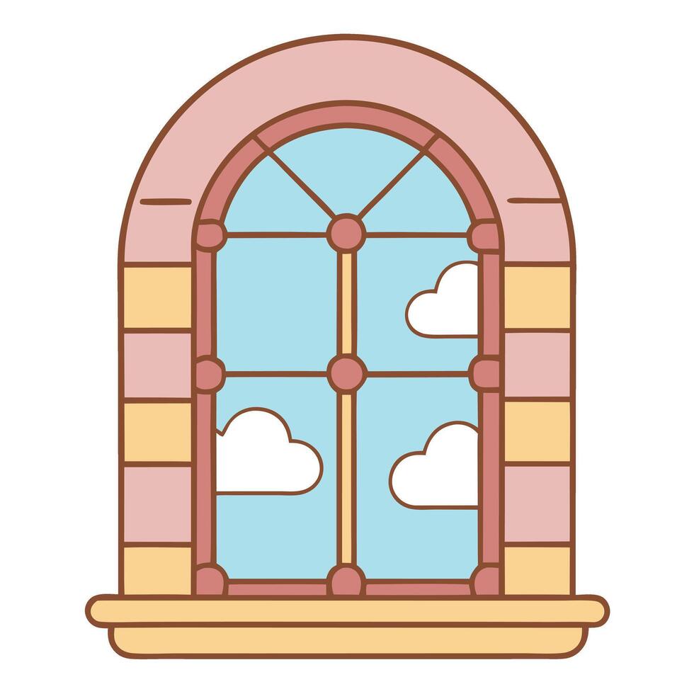 Vintage arched window with glass panes and cloudy sky view illustration vector