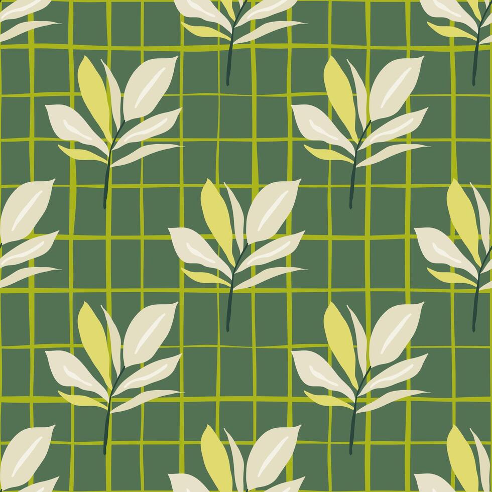 Nature-inspired leaf pattern with geometric grid on green background for seamless textile design vector