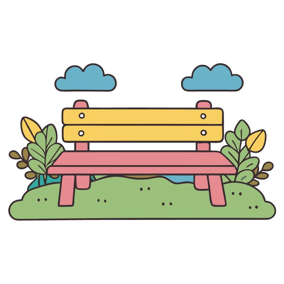 Colorful park bench with lush greenery and cloudy sky in nature setting vector
