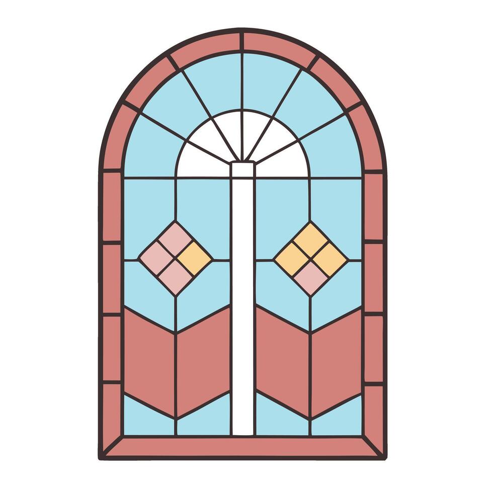 Colorful stained glass window with geometric patterns in arched design vector