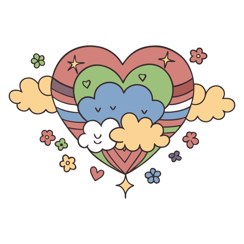 Heart shaped colorful cloud with cute faces, surrounded by flowers and stars in cheerful design vector