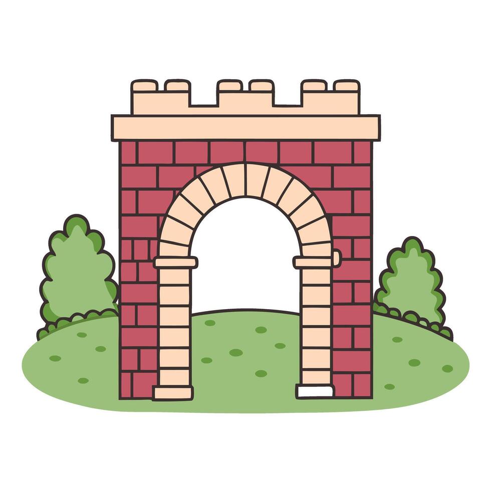 brick archway structure on grassy landscape with shrubs outdoor architectural garden element vector