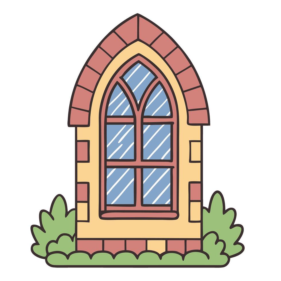 Arched stained glass window with brick frame and bushes in simple vector
