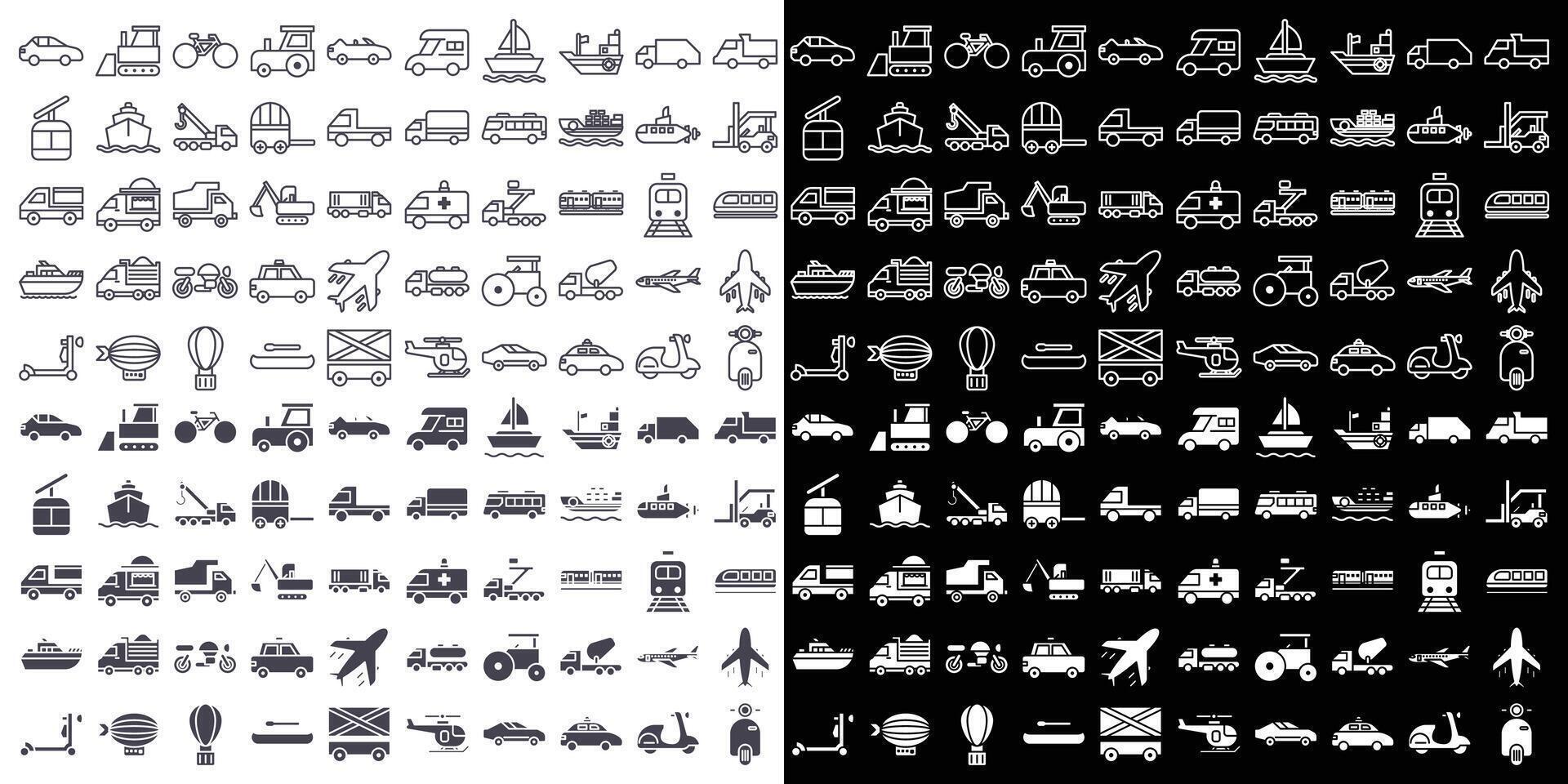 a set of black and white icons of various types of transportation vector