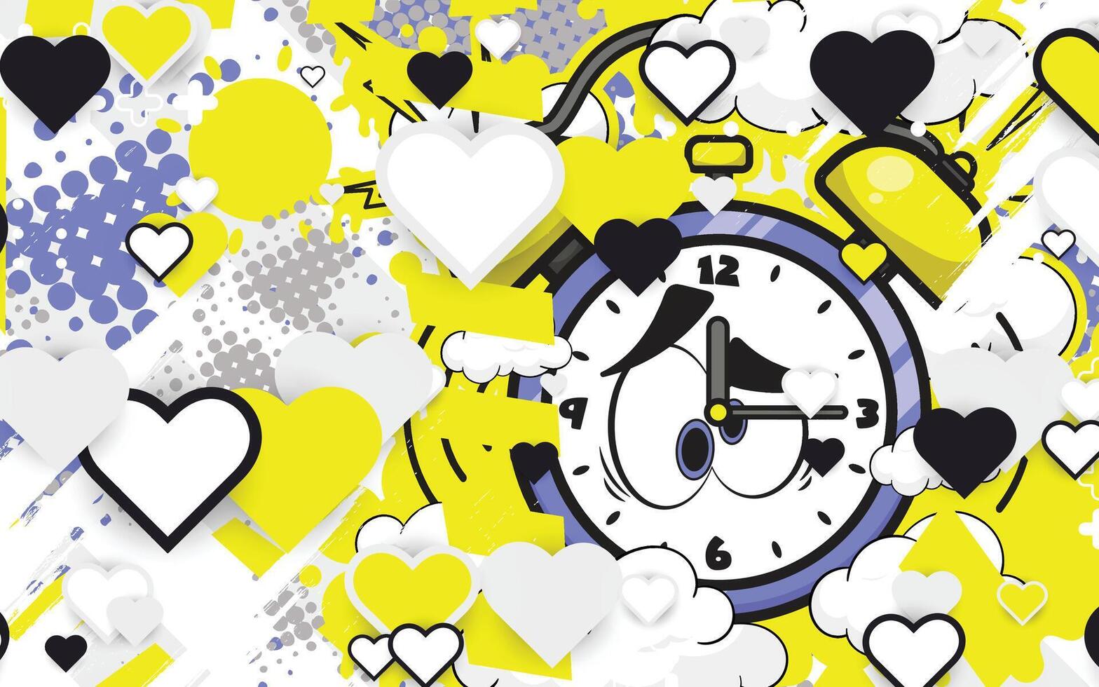 Trendy popart background with cartoon alarm clock object vector