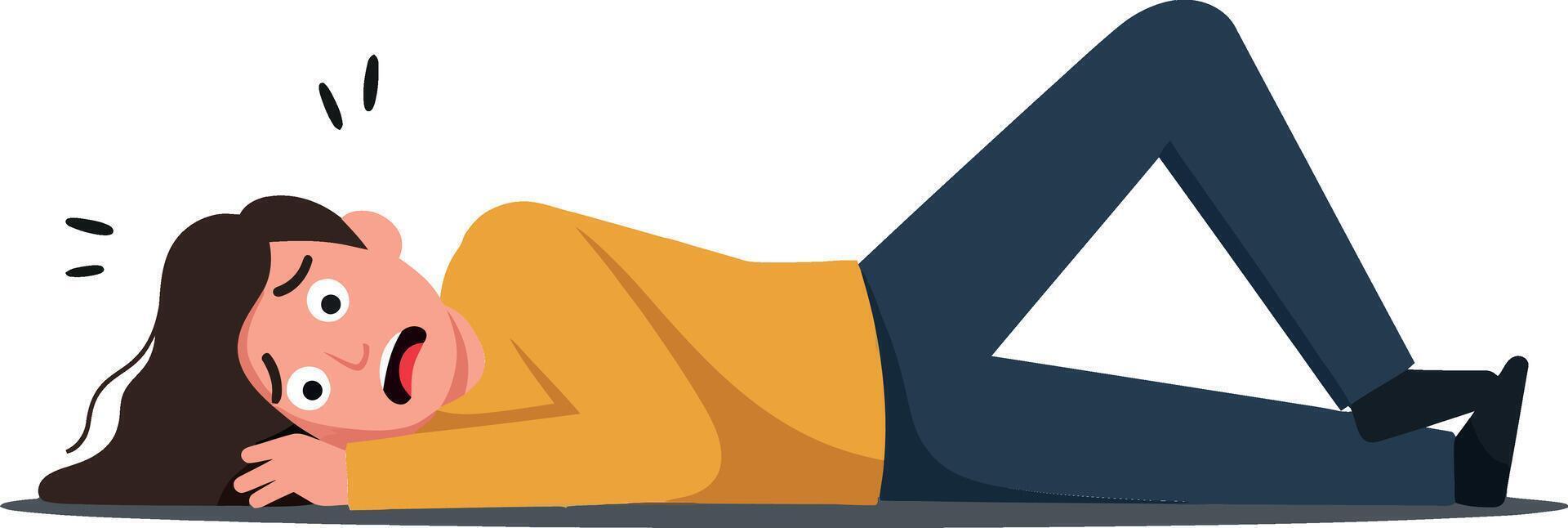 A woman lying on the ground in distress, wearing a yellow sweater and blue jeans, depicted in a flat illustration style with expressive features and a dramatic tone vector