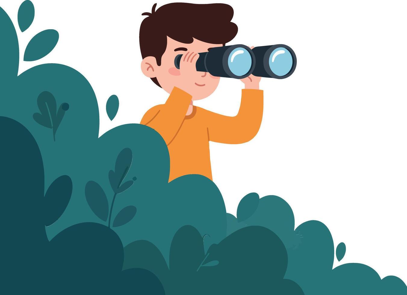 Young boy peering through binoculars while hidden in lush greenery, flat illustration showcasing curiosity and adventure in a playful setting, art vector