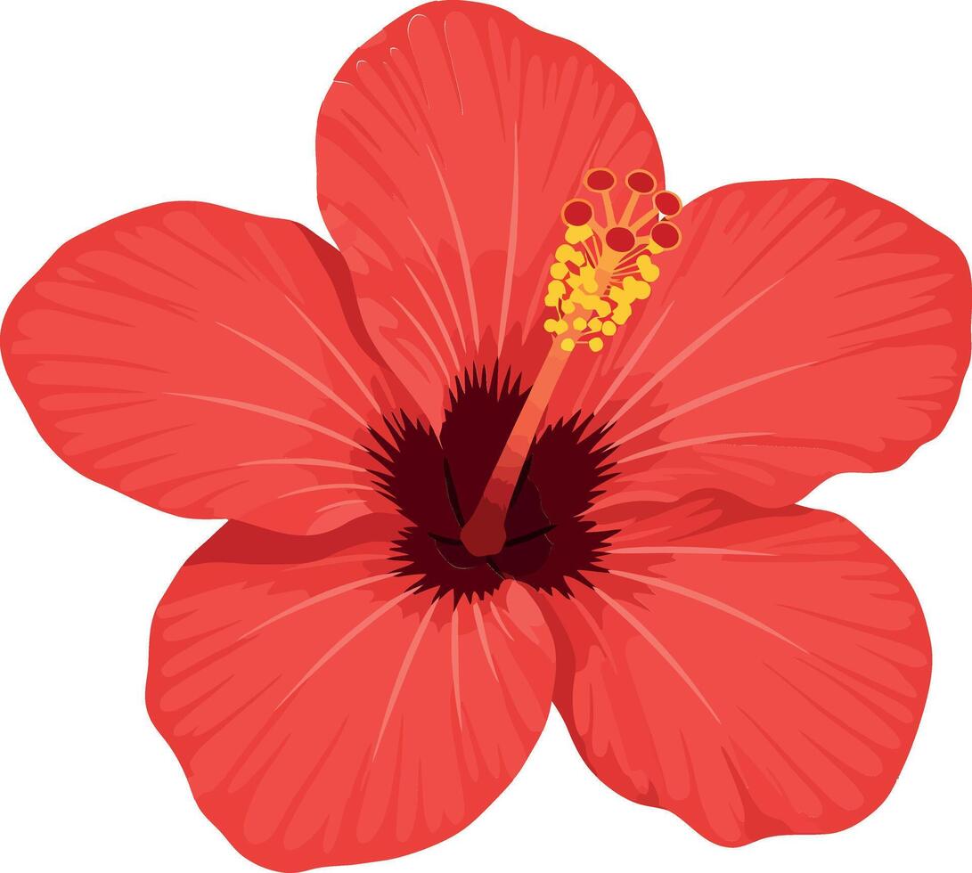 Vibrant red hibiscus flower in detailed flat design showcasing delicate petals and bright yellow stamen, perfect for nature lovers, art vector