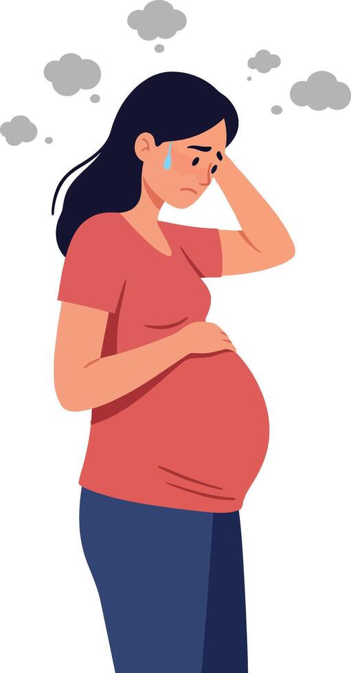 Pregnant woman in a red shirt expressing concern and stress, illustrated in a minimal style with gray clouds, conveying anxiety, illustration vector