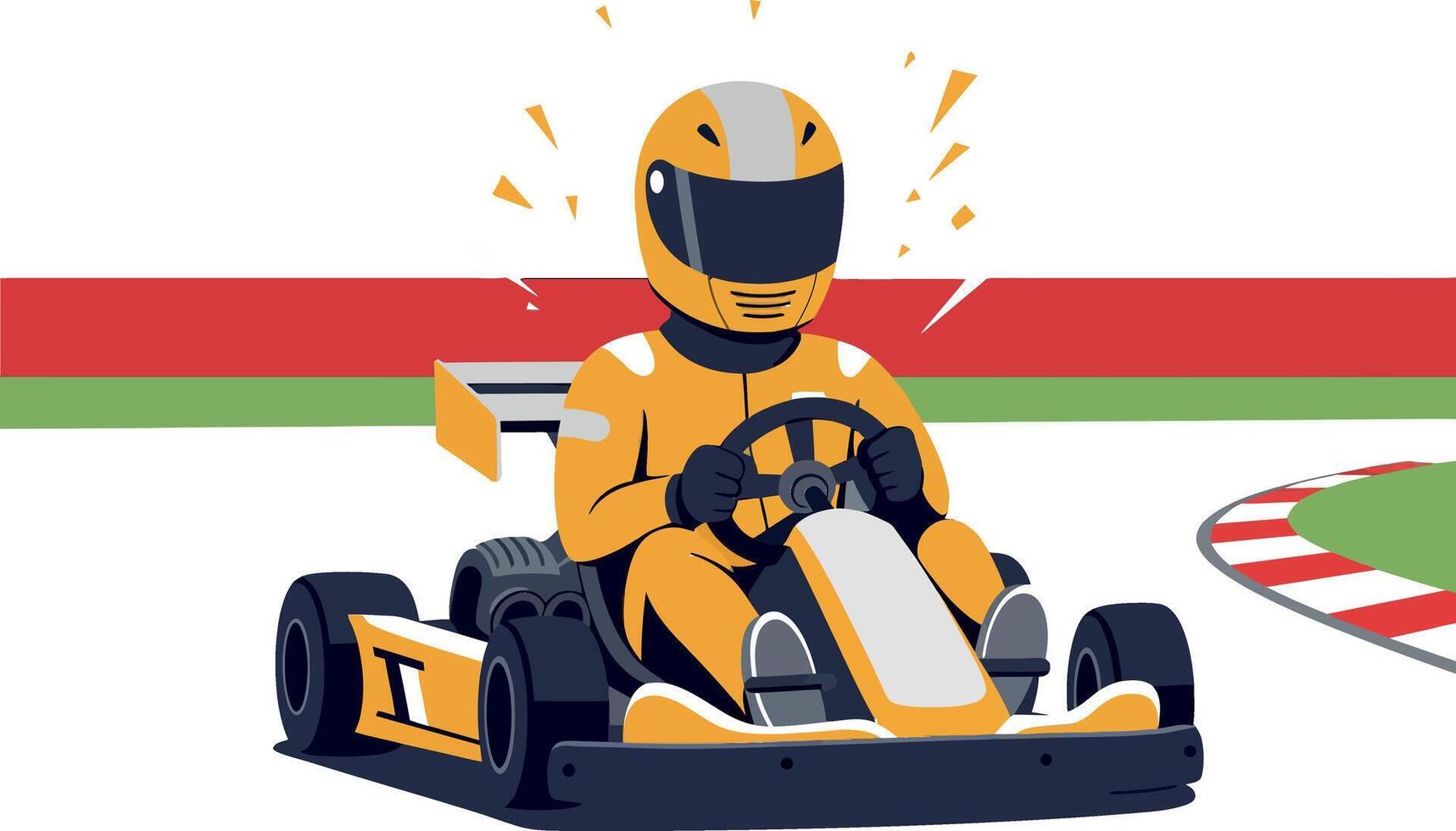 Go-kart racer in a vibrant yellow suit expertly navigating a racetrack in a dynamic and modern flat illustration vector