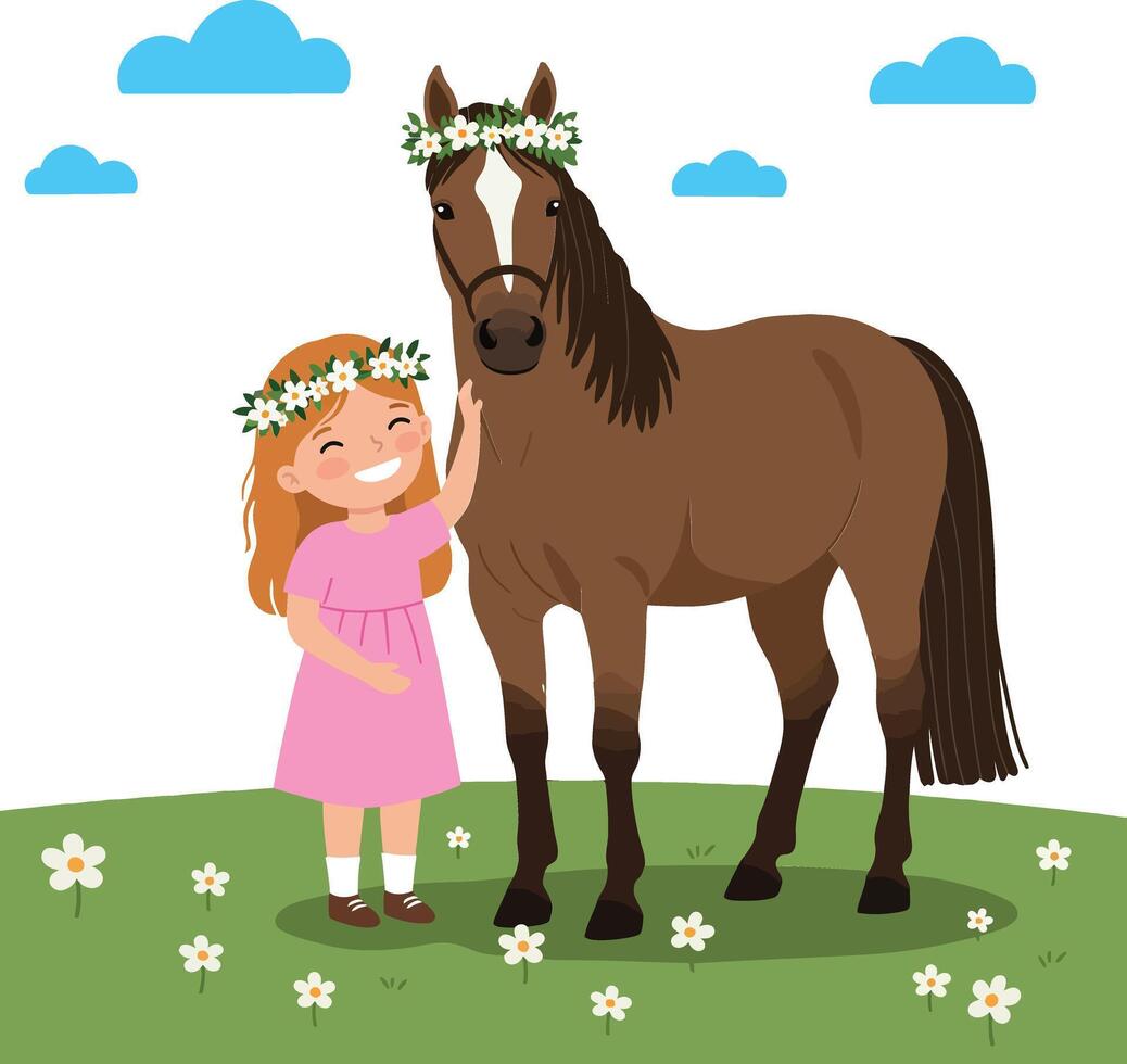 A cheerful girl in a pink dress gently touches her brown horse in a sunny field with flowers, flat illustration vector