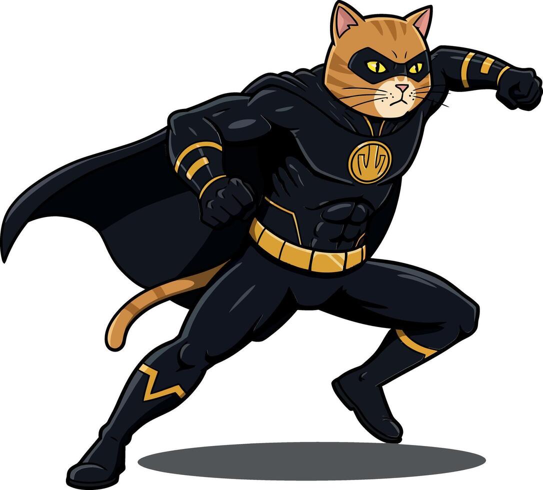 A heroic cat in a sleek black superhero costume striking a dynamic pose with a flowing cape in a flat illustration vector