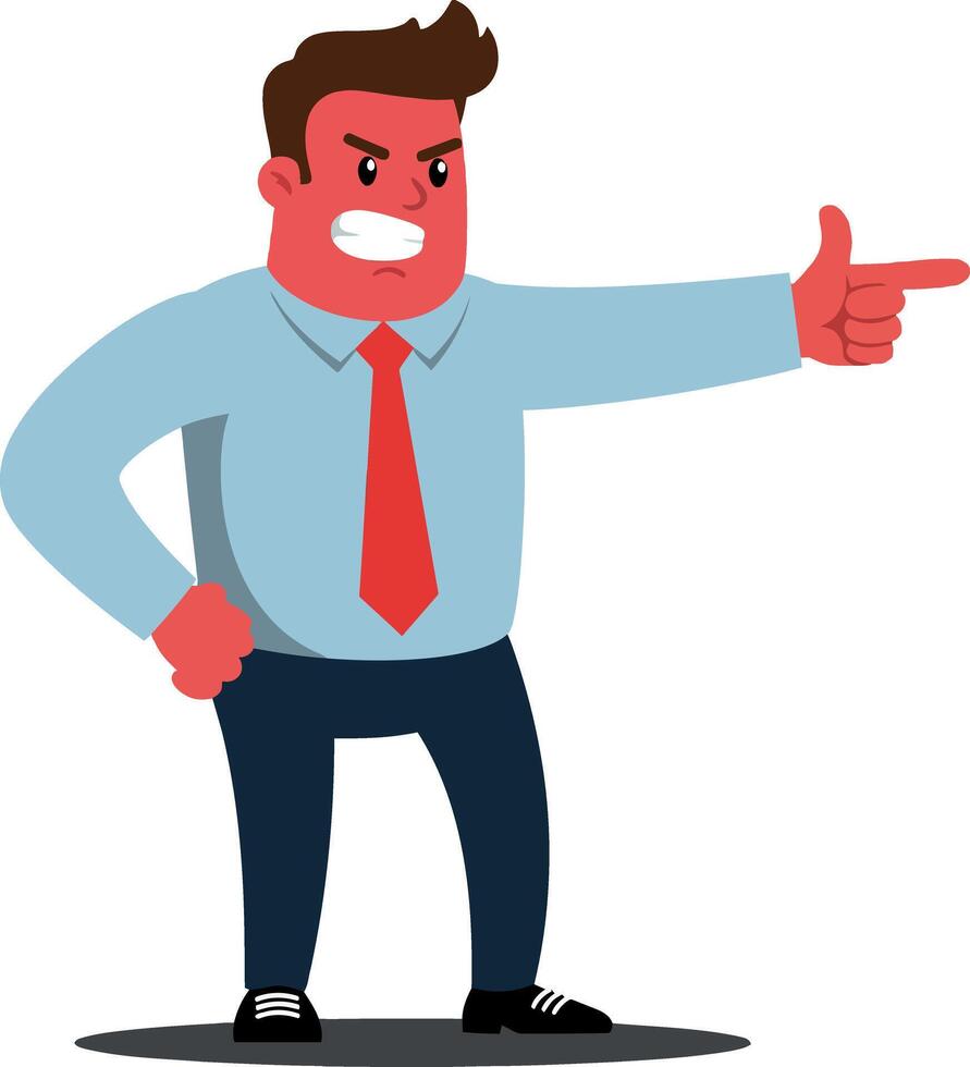 Angry businessman in a blue shirt and red tie expressing frustration with a pointed finger in flat illustration vector