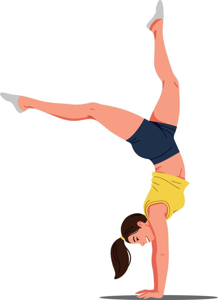 A young woman performing a handstand on one hand in a flat, minimal style art vector