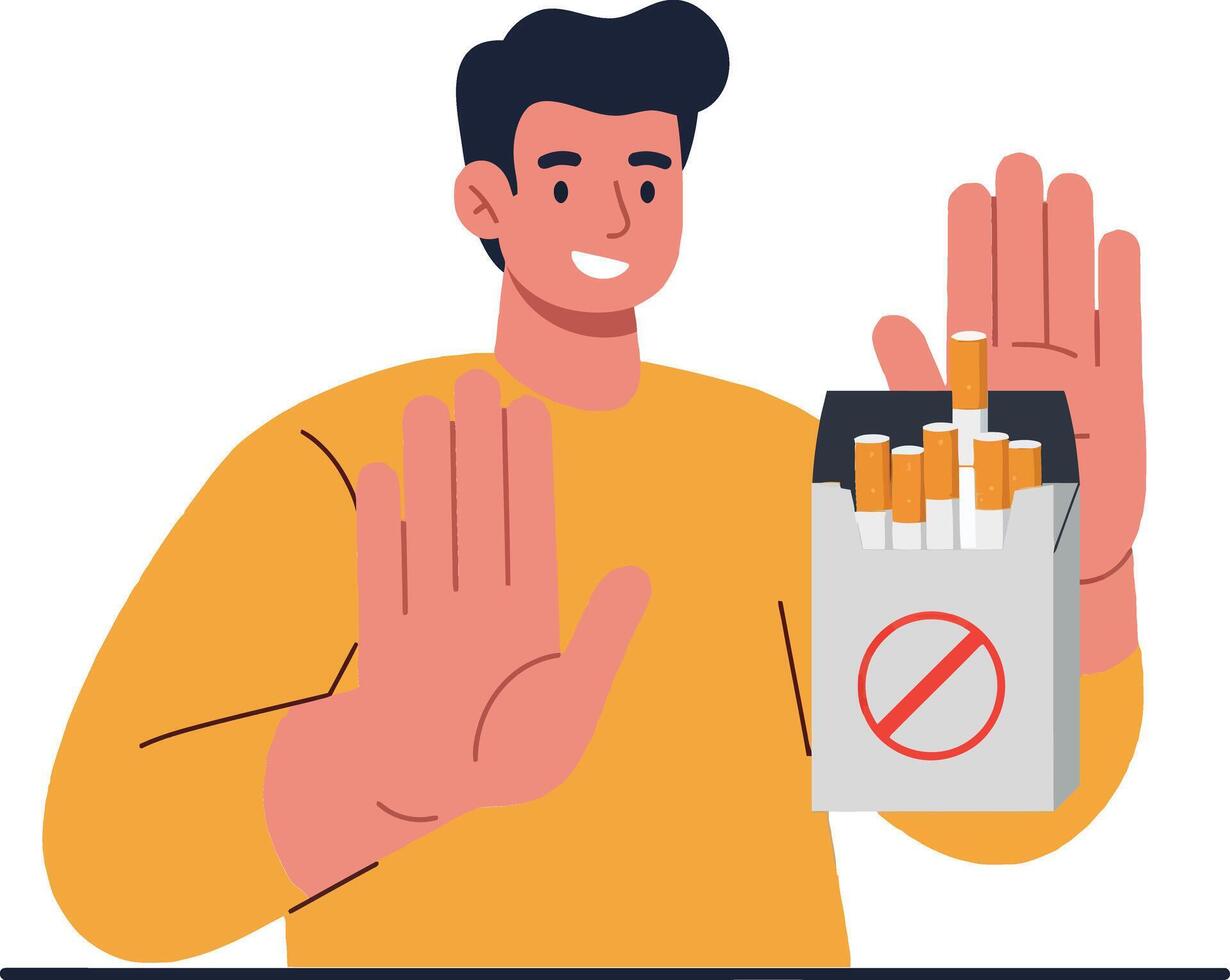 A young man confidently rejecting smoking with a pack of cigarettes in one hand and a determined expression in a minimal illustration vector
