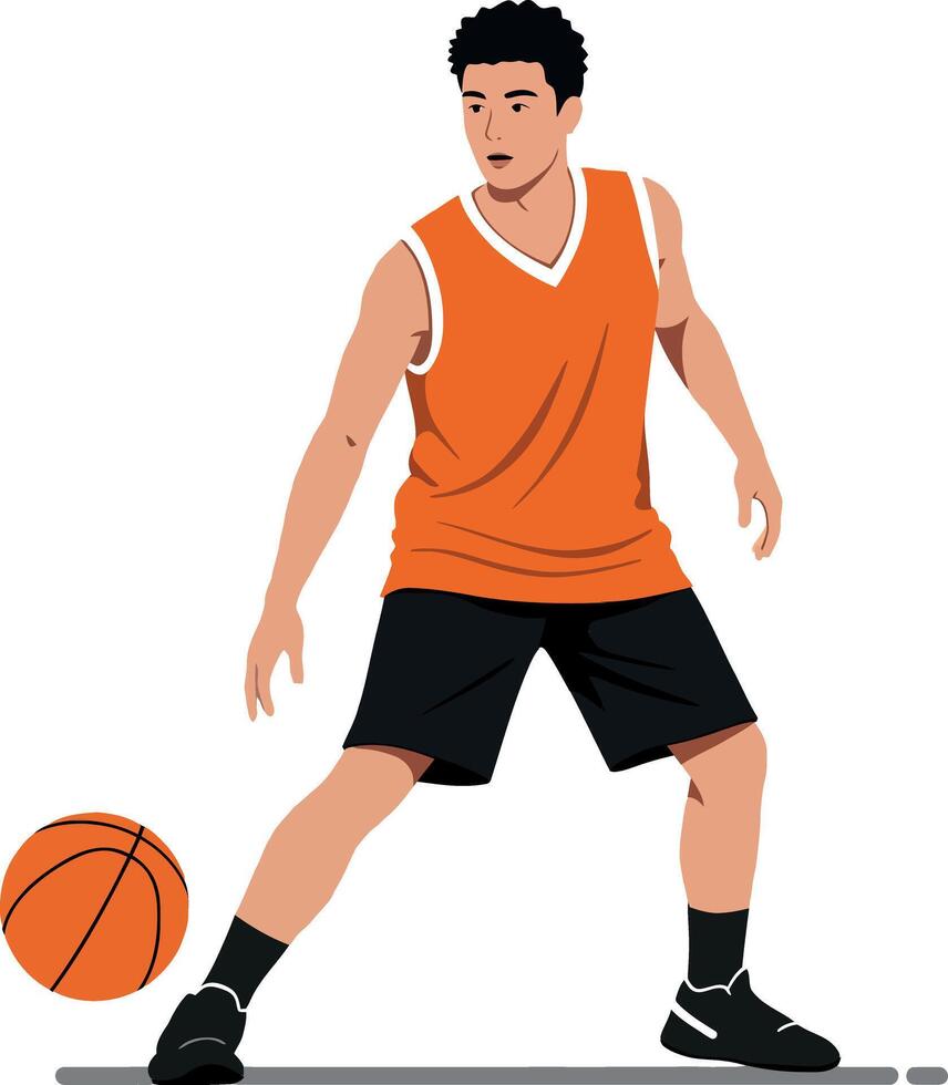 Basketball player in an orange jersey dribbling a ball on a court in a flat design illustration vector