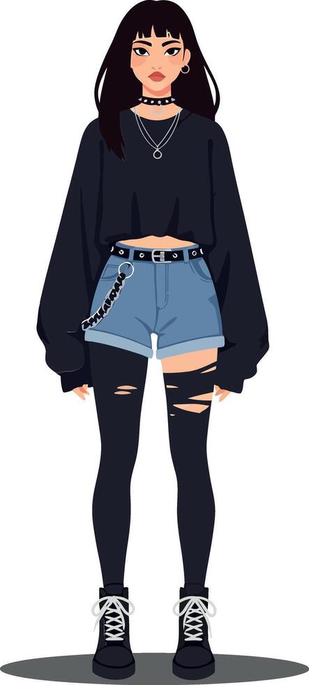 Fashionable young woman in a trendy outfit, showcasing a modern urban style in flat art vector
