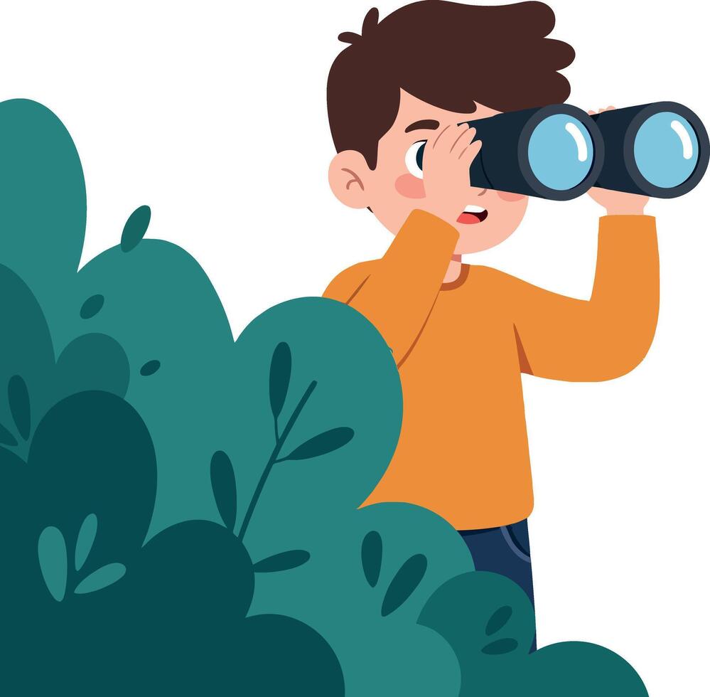A young boy observing nature with binoculars while hidden behind vibrant green bushes in a playful flat illustration vector