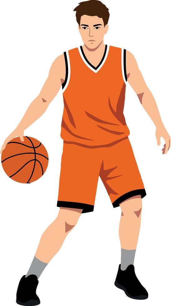 Dynamic male basketball player dribbling a ball in orange sports uniform, featuring flat design style illustration vector