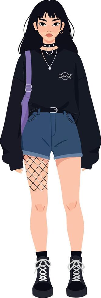 Stylish young woman with black hoodie and denim shorts in minimal flat design illustration vector