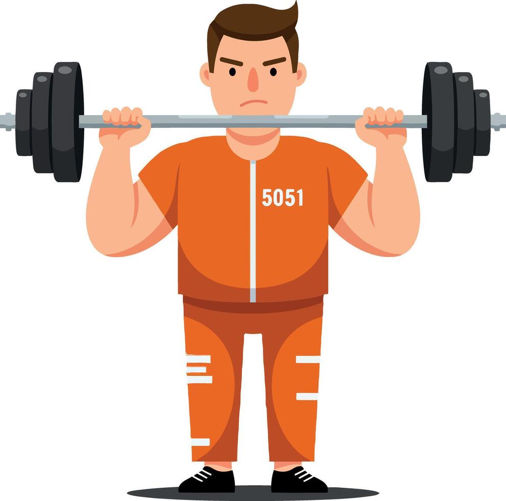 Strong man in orange jumpsuit lifting weights in a determined pose, showcasing muscular build and focus, in flat art style vector