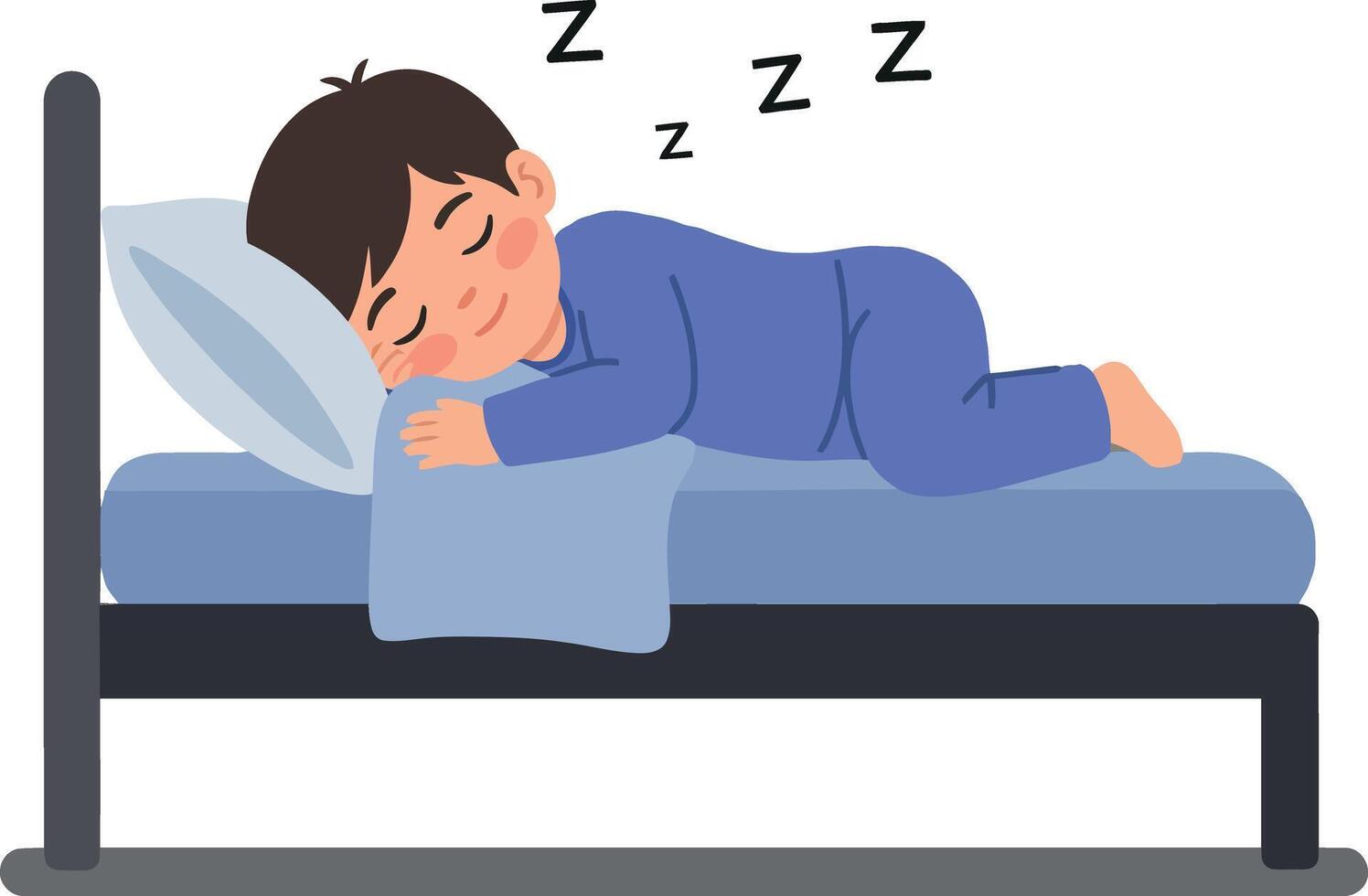 Young boy peacefully sleeping on a cozy bed in a flat and minimal illustration style, conveying tranquility and comfort in a serene atmosphere art vector