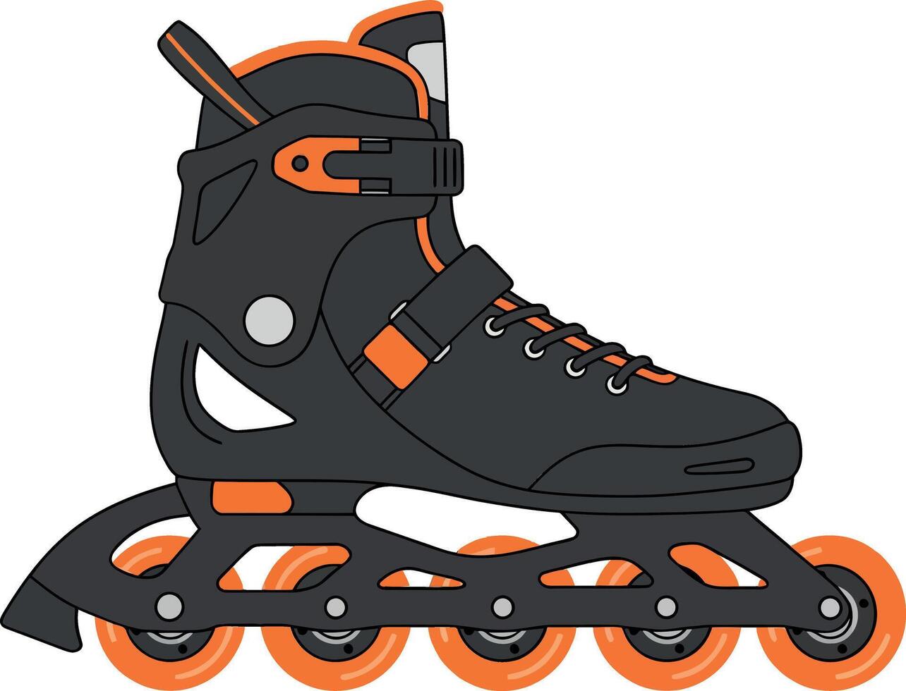 Roller skate design featuring a sleek black body with vibrant orange accents in a flat art style showcasing motion and excitement in skating activities vector