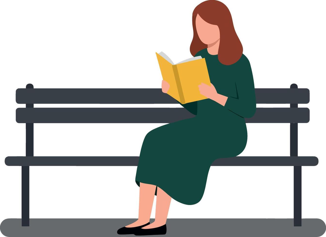 Woman sitting on a park bench reading a book in a minimal, flat design style illustration vector